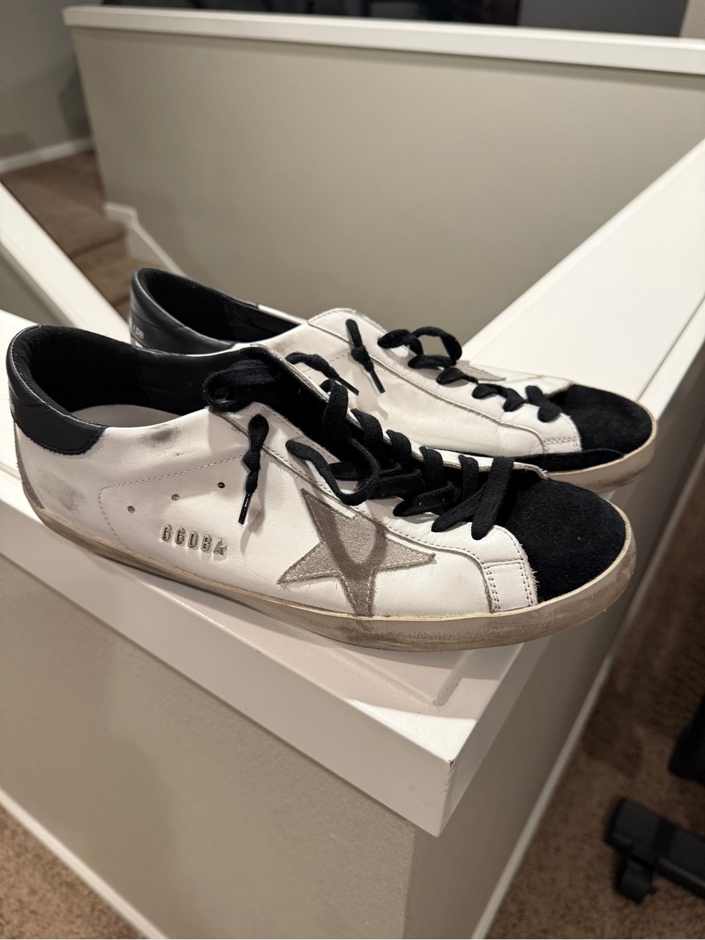 Golden Goose White Leather Sneakers with Black Toe and Silver Star